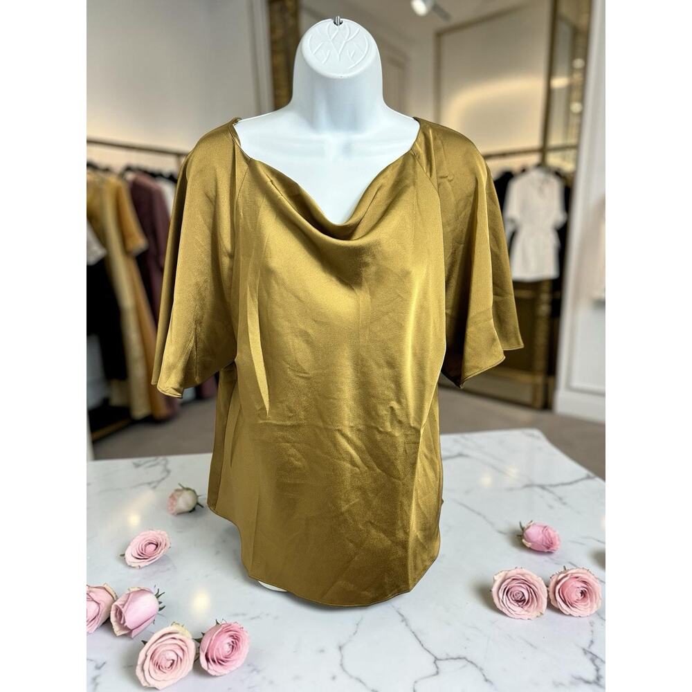 Ann Taylor Satiny Gold Blouse Sz M Cowl Neckline Butterfly Short Sleeve Top